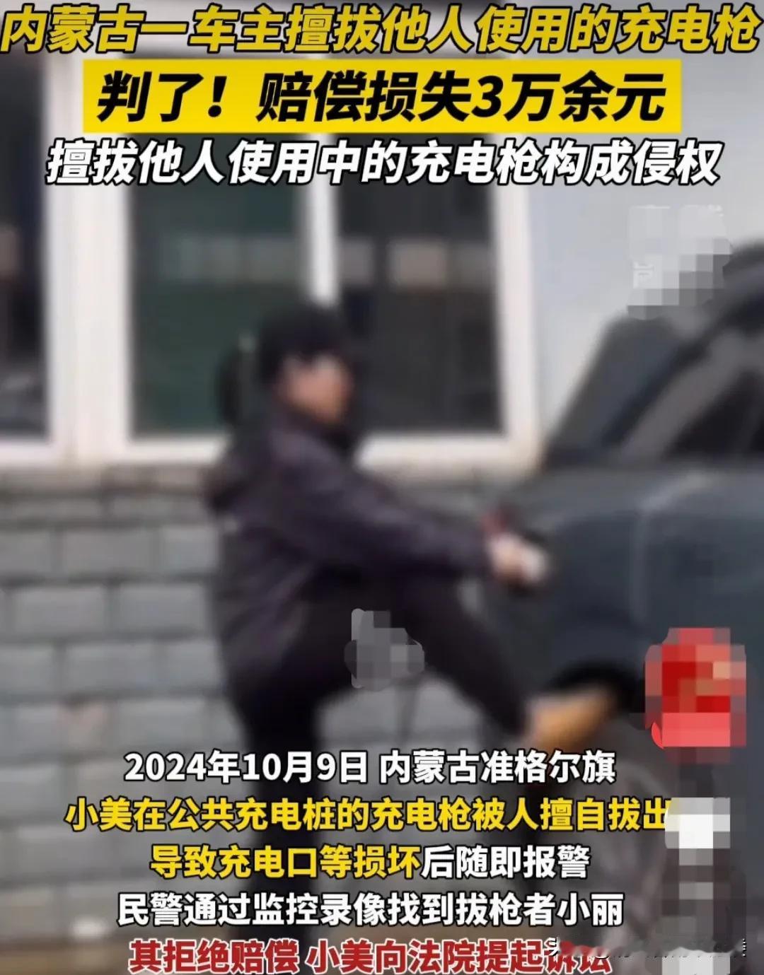 内蒙古准格尔旗，女子发现自己的电动汽车，正在充电的充电枪被人拔出了。拔出的时候造