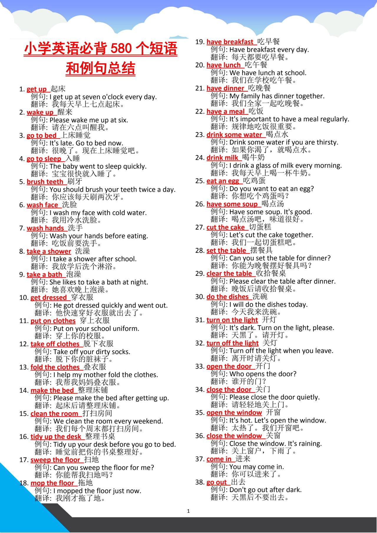 小学英语必备580组高频短语➕例句总结。英语必背考点英语词汇表辨析英语考试必