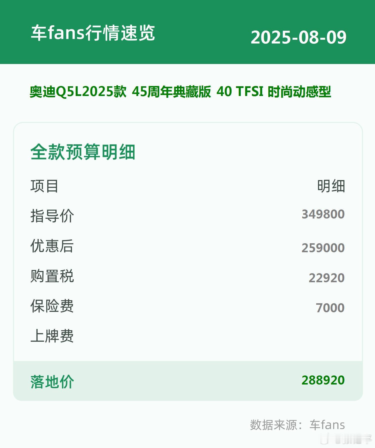 车fans买车情报奥迪Q5L40TFSI时尚动感型，指导价349800，全款