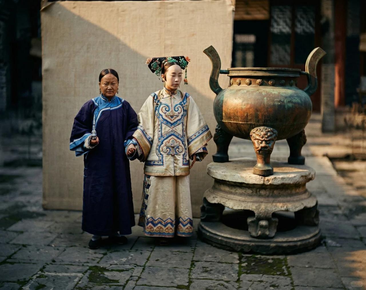 这张老照片，是晚清贵族府上的两位旗人女性的瞬间。画面右侧的女子是核心人物，她身