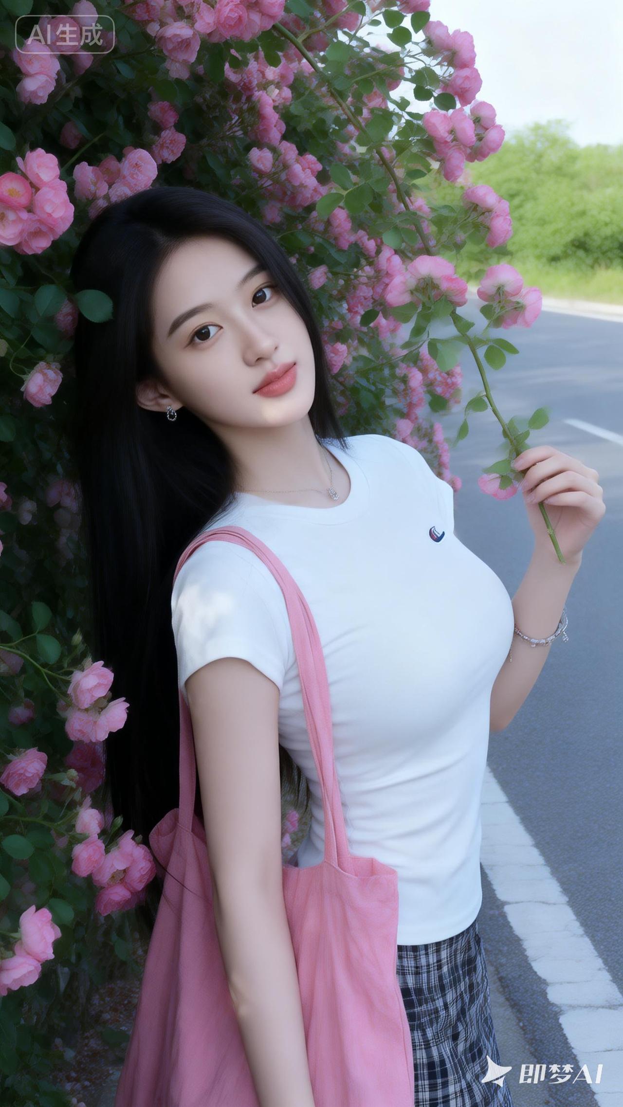 在花丛中，少女手持玫瑰，清新自然，美不胜收。