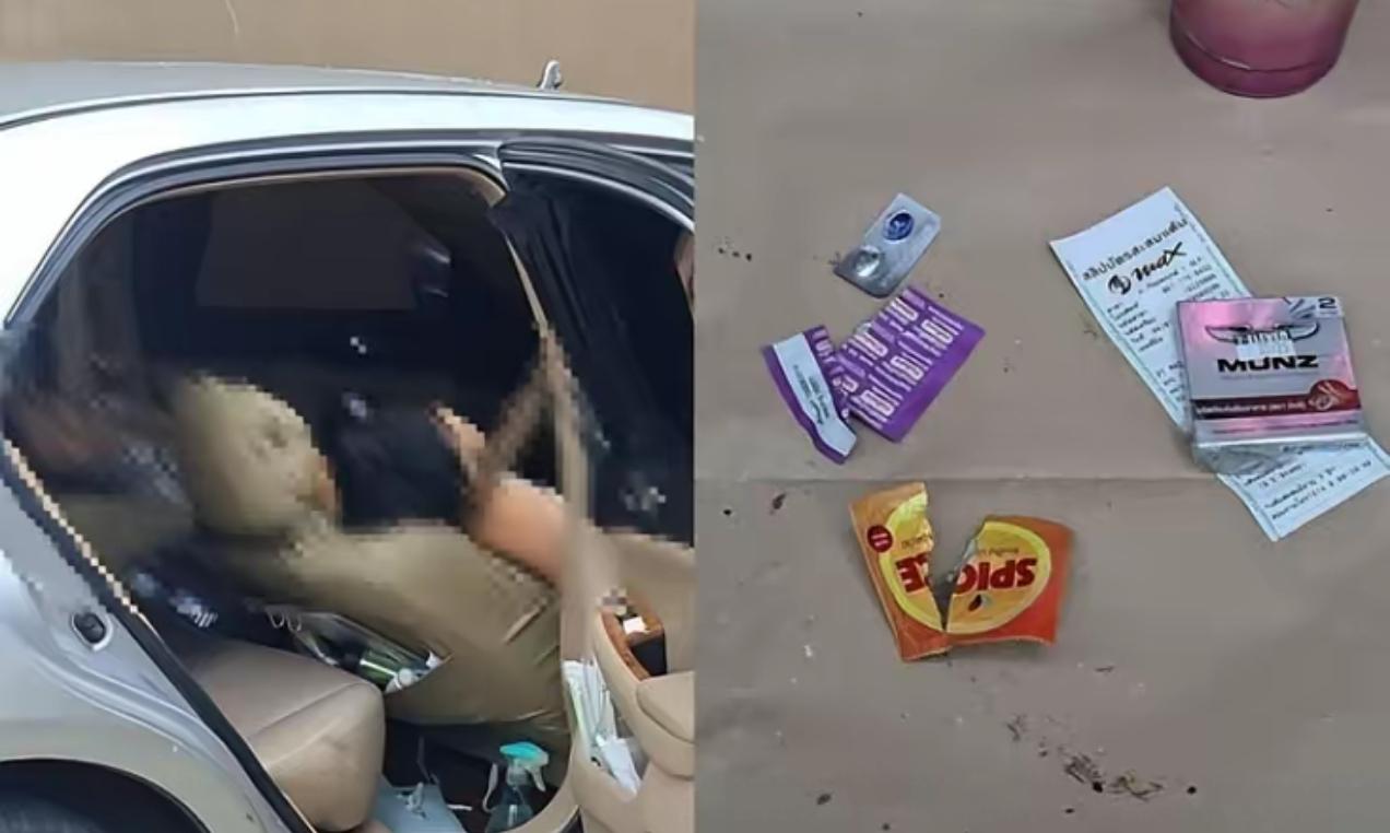 泰国，一辆私家车里，男子下半身什么都没穿，就连戴着的安全套都没摘，女子上衣掀到胸