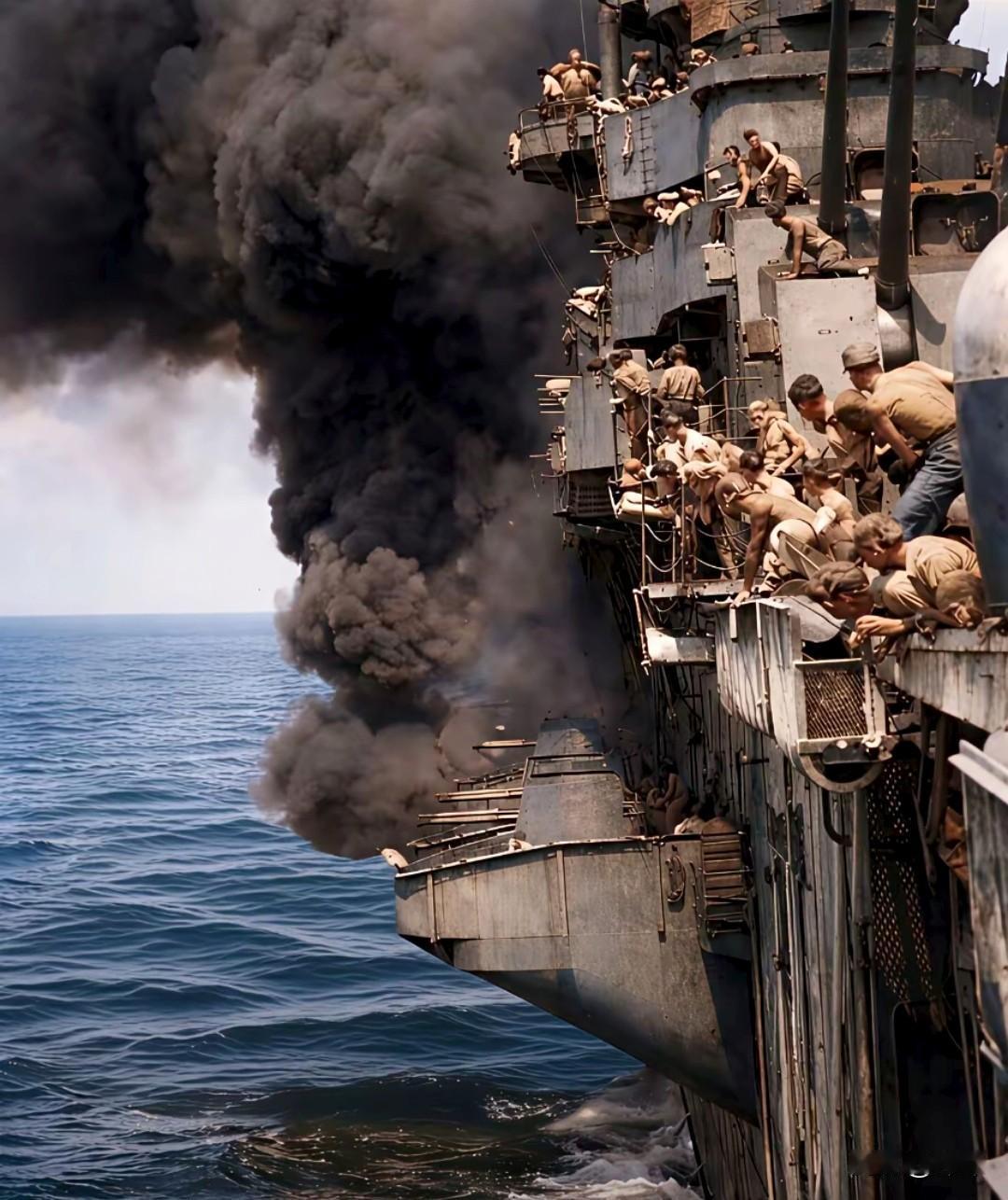 1945年3月19日，美军“富兰克林”号航母被日军突袭，舰体燃起冲天大火，旁边的