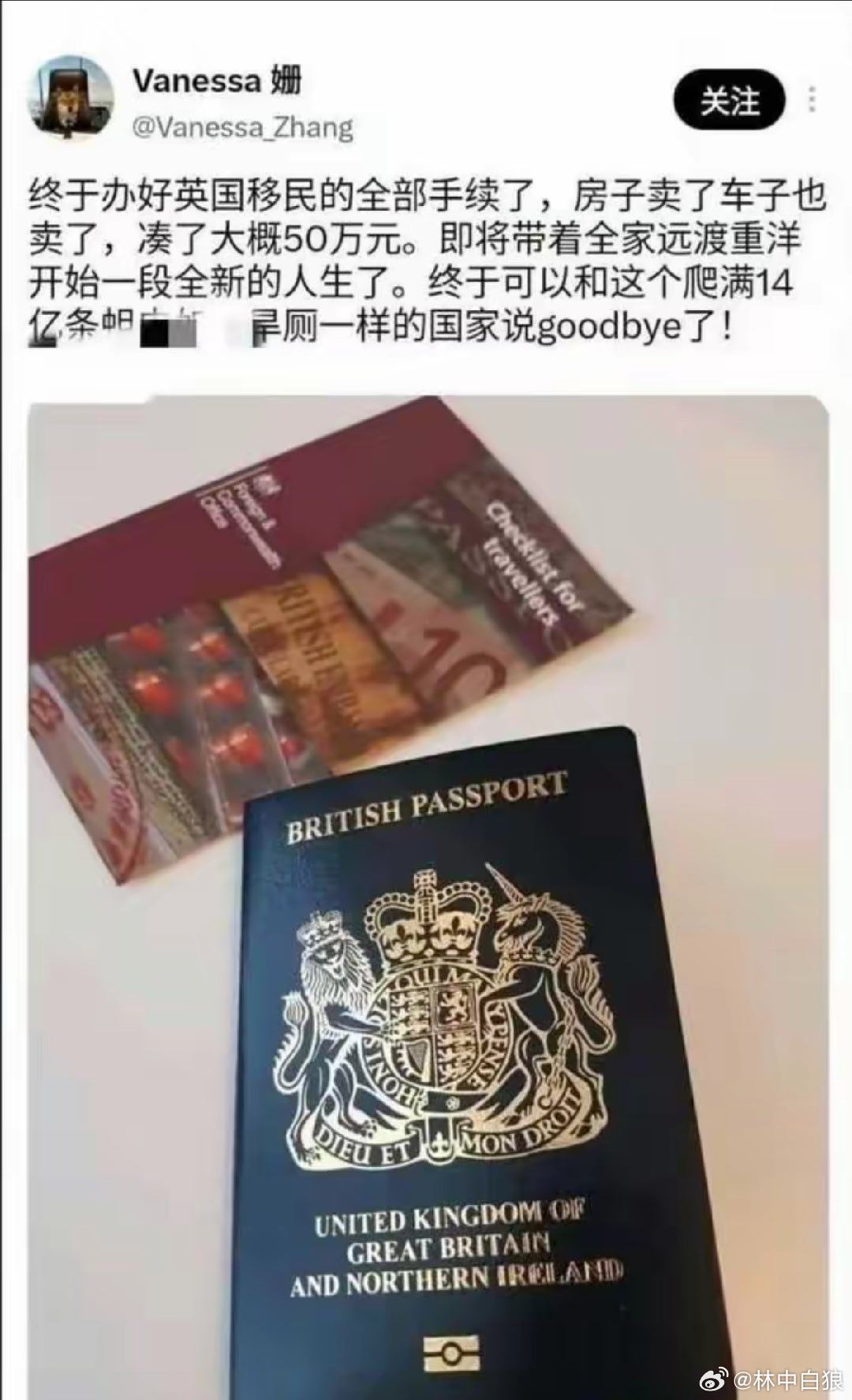这位Vanessa姗女士卖车卖房，远渡重洋，声称告别“14亿蟑螂国家”。然后移民