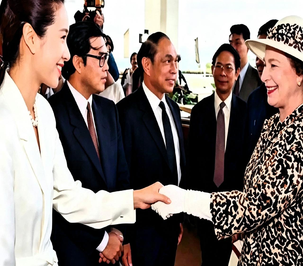 1986年，英国女王来广州白天鹅宾馆，跟朱玲玲握了个手。霍英东爷俩就站后头。那会
