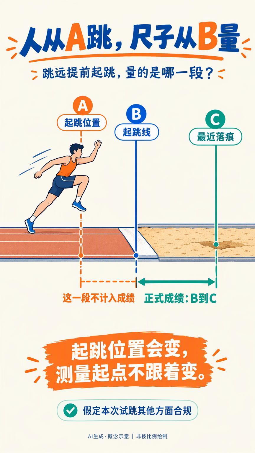 亚运跳远：提前起跳，脚到起跳线那一截为什么不算成绩？#跳远提前起跳为什么会吃亏#明明从更靠后的地方起