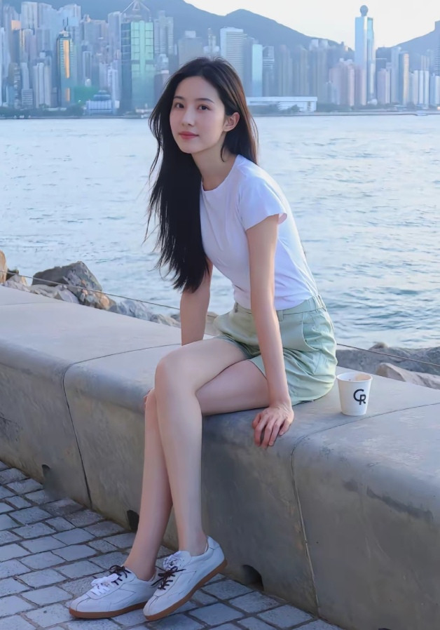 素衣淡雅随风逸，江畔佳人坐石旁