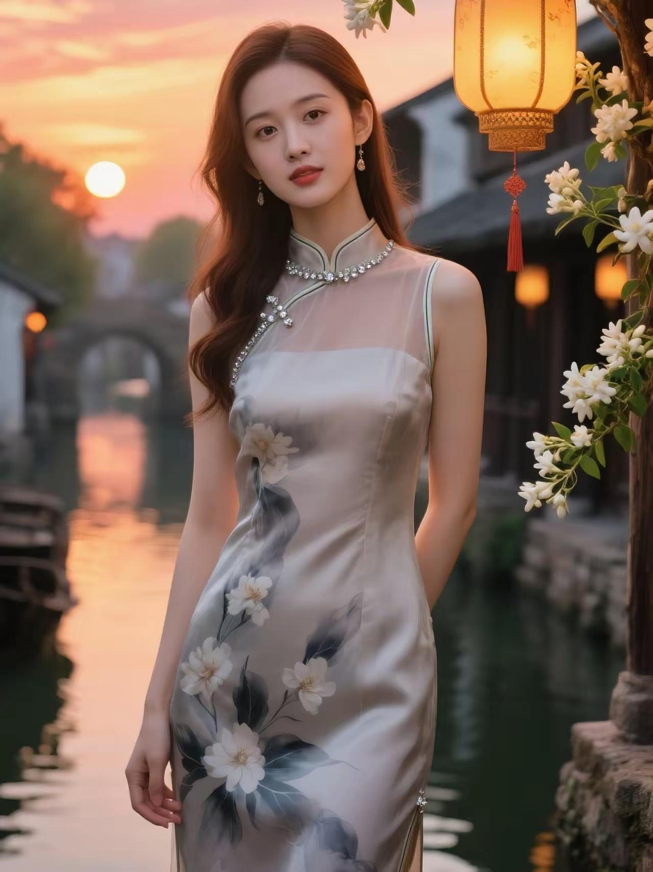 江南水乡的温婉少女，在夕阳下漫步，裙摆轻扬，如诗如画。