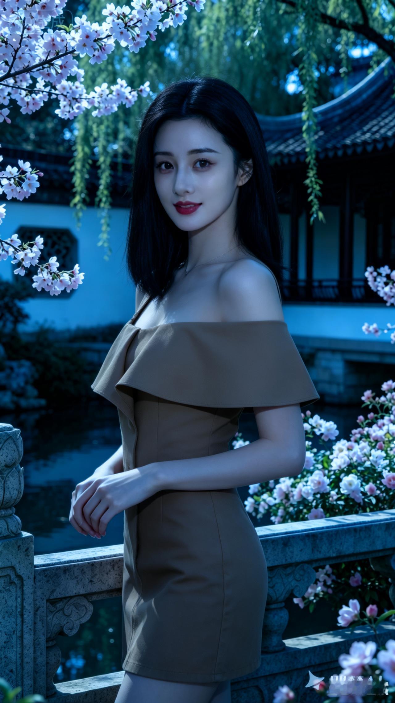 优雅东方美人，古风庭院中的惊艳一瞥