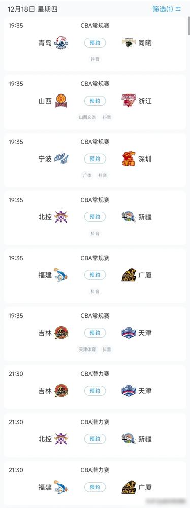 CBA今日赛程安排，共6场比赛！根据最新赛程安排，今日即12月18日共有6场