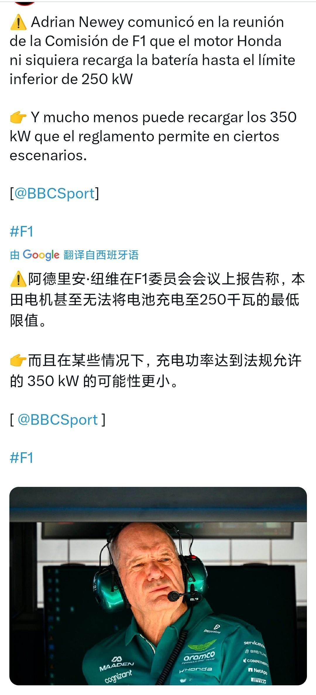 BBC体育：纽维在周三的F1委员会上表示，本田的动力单元甚至无法在250kw下限