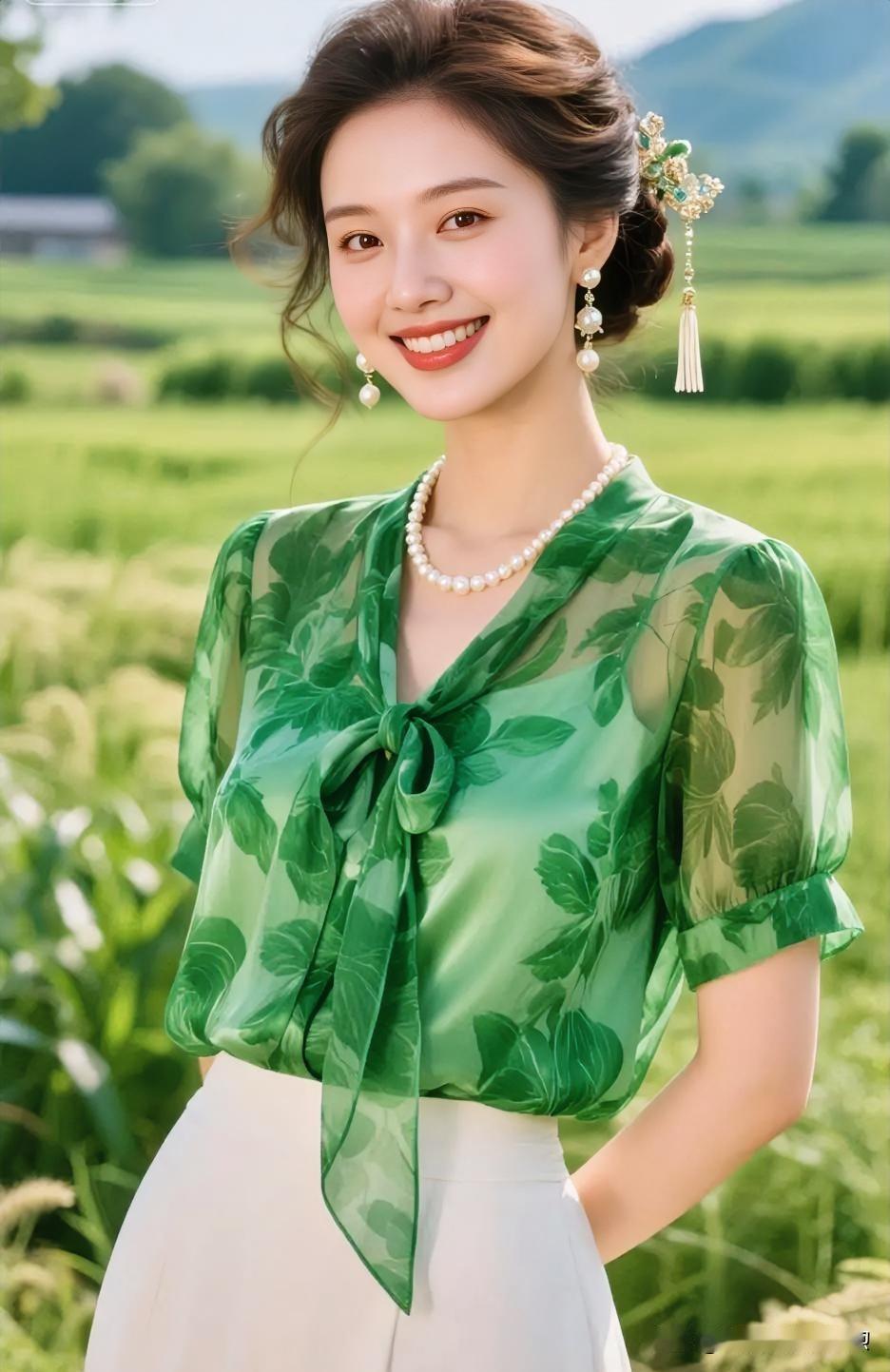 绿意轻染，发间珠翠摇曳，笑靥如花，于田野间绽放温婉从容的诗意时光。