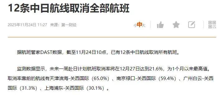 越收越紧了！赴日航线突砍12条，取消率飙涨，小日子旅游业先遭重锤，这还只是开