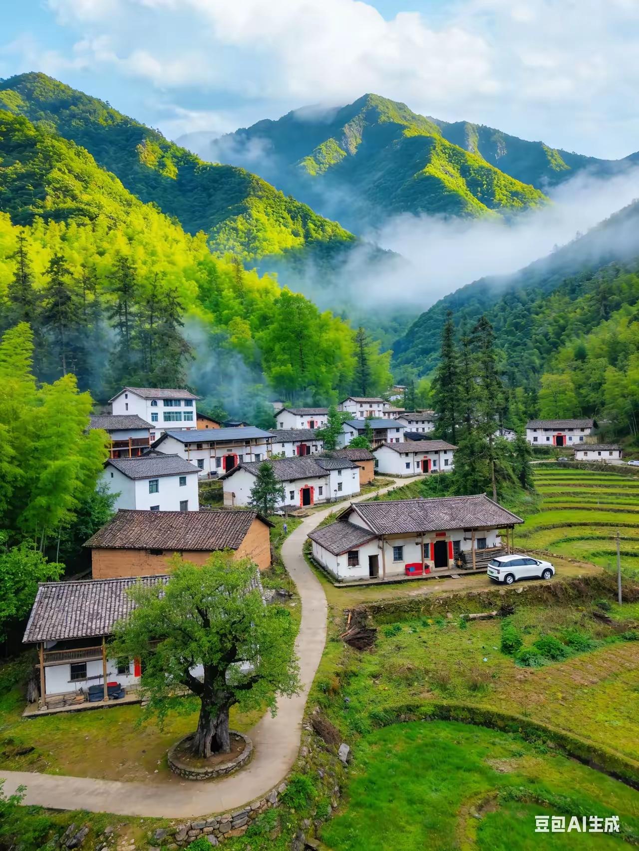四块玉·故乡叠翠岗，烟迷茫，黛瓦白墙隐山旁，小径弯弯通幽巷。是故乡，好风