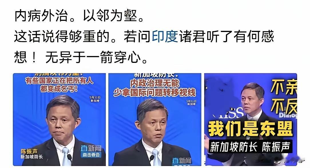 咱们用逻辑学的三段论，拆解新加坡防长提到的内病外治。首先大前提，也是防长给