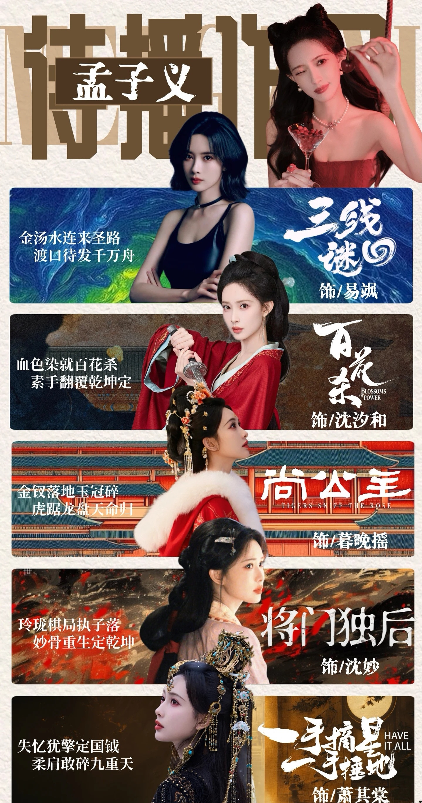 孟子义还有五部待播作品孟子义现在有五部电视剧都还没播出，各种各样的题材都有，之后