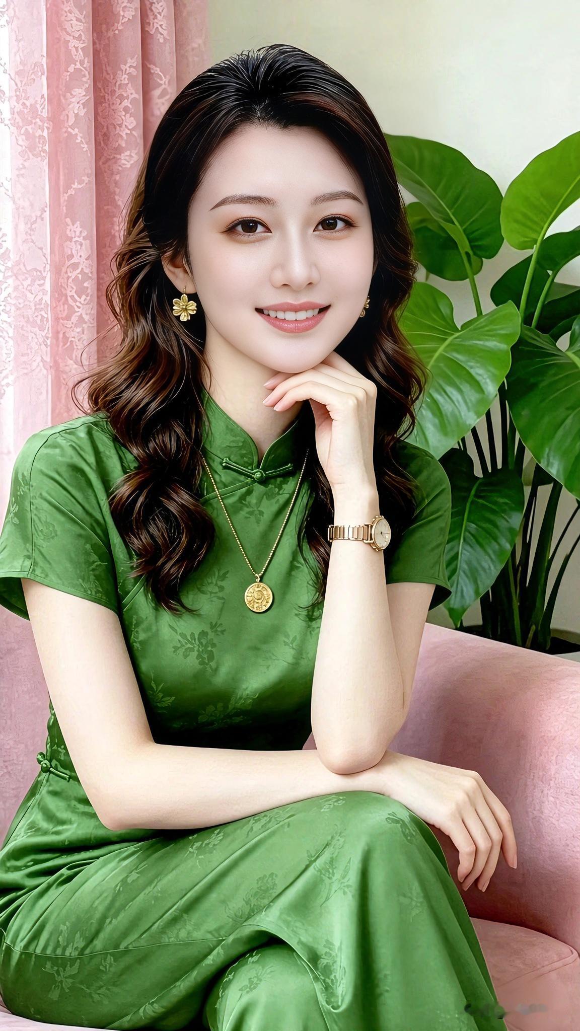 我一直偏爱旗袍带来的温柔感，这件墨绿暗纹旗袍，低调又显气质。简单搭配金饰就很好看