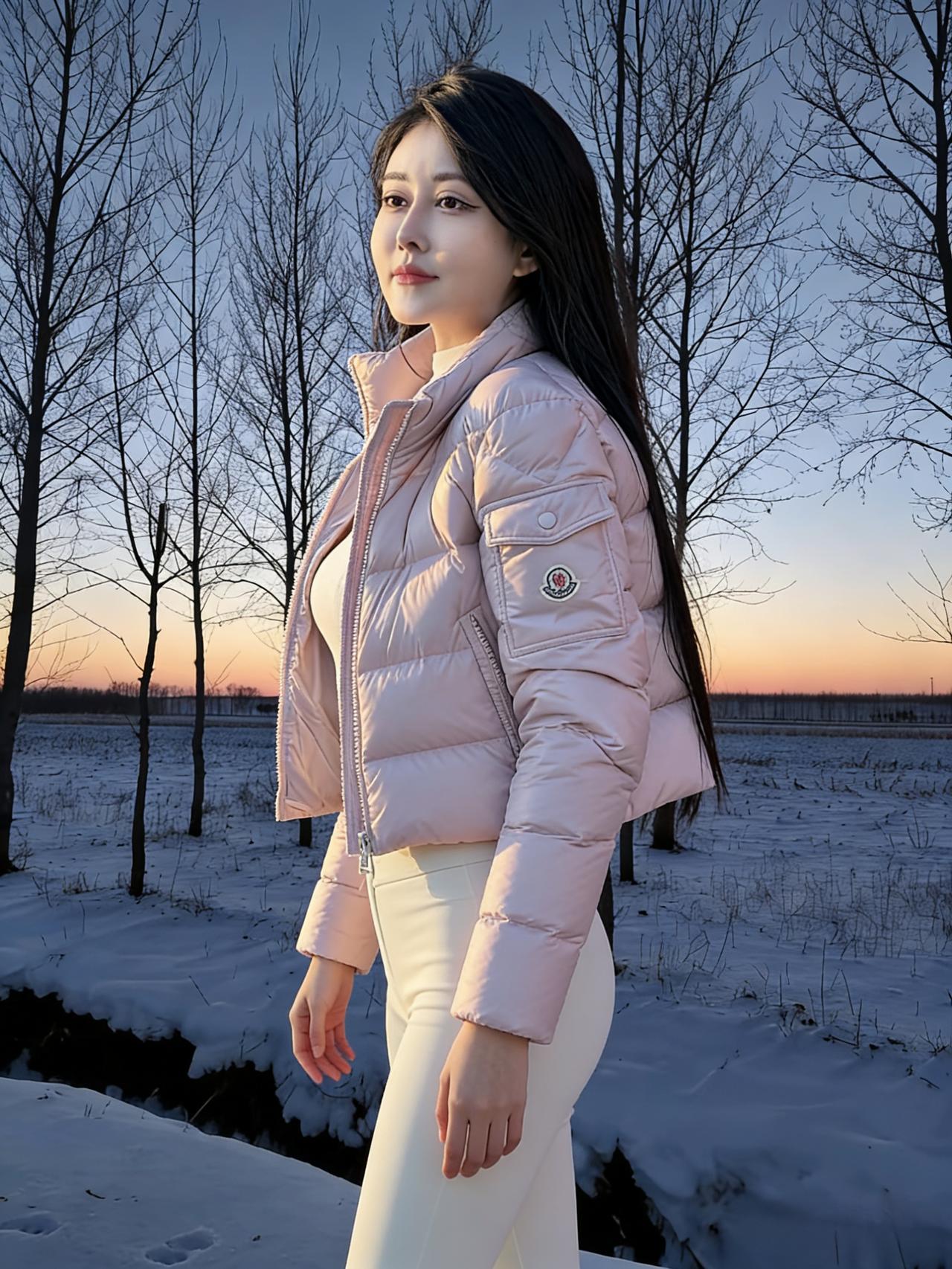 雪把大地揉成柔软的宣纸树桠是蘸了墨的笔，斜斜划开暮色白羽绒服垂落的褶皱是未