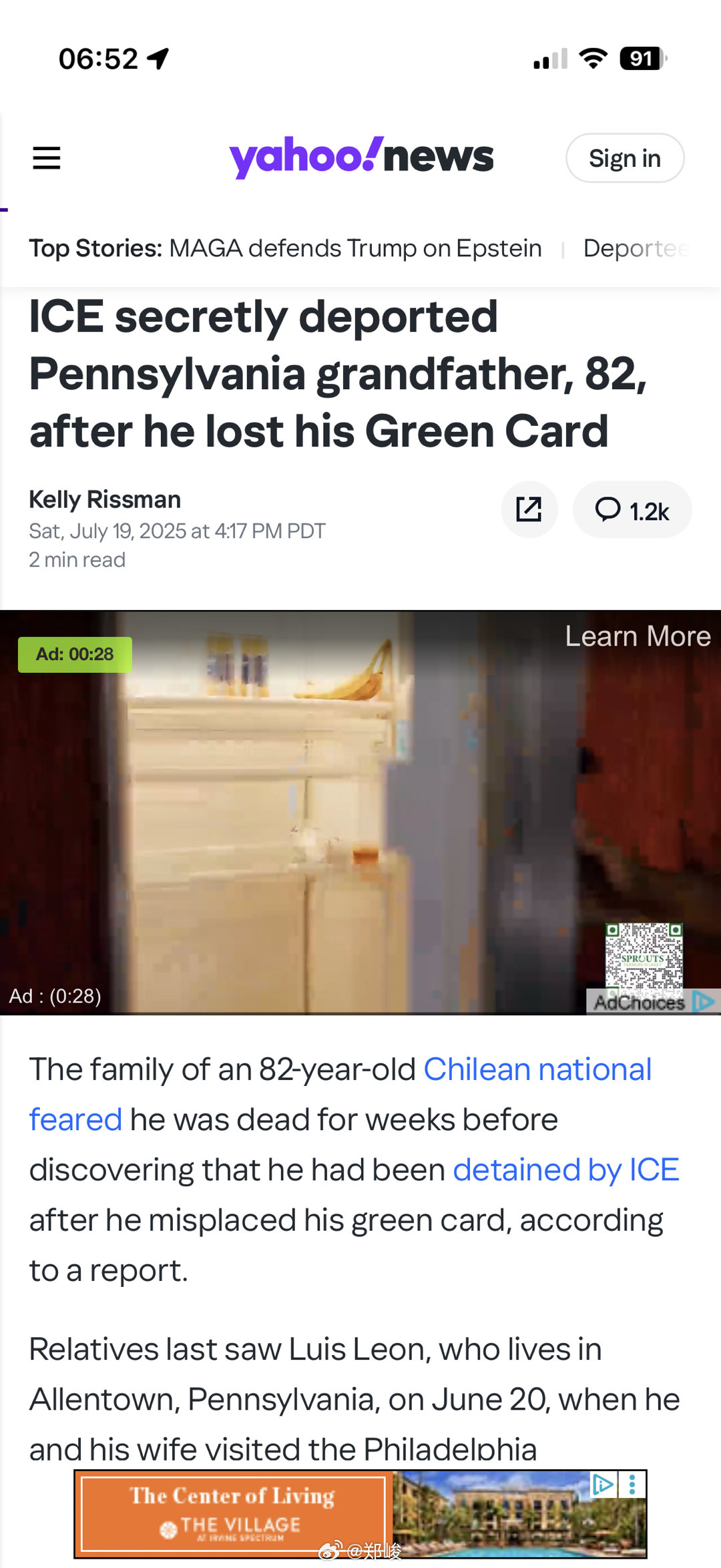 一个82岁的智利老人，近四十年前来到美国申请政治庇护，随后得到绿卡在美国定居。家