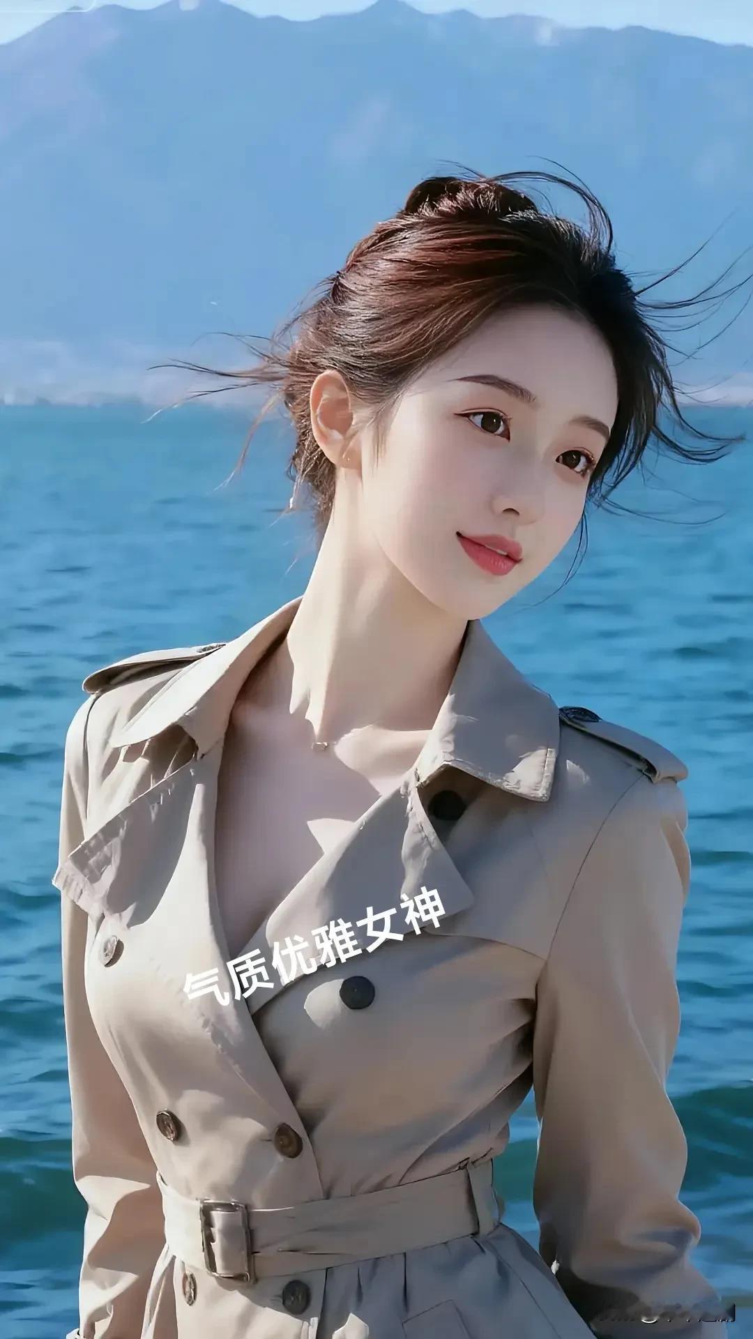 海天一色间，卡其风衣衬得她优雅如诗。发丝随海风轻扬，眼眸盛满澄澈的蓝，每一处细节