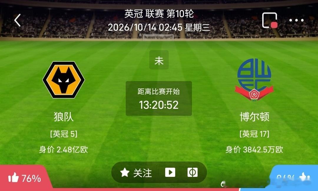 狼队vs博尔顿1️⃣狼队（英冠5）✅利好：主场作战，全队身价2.48亿欧优势