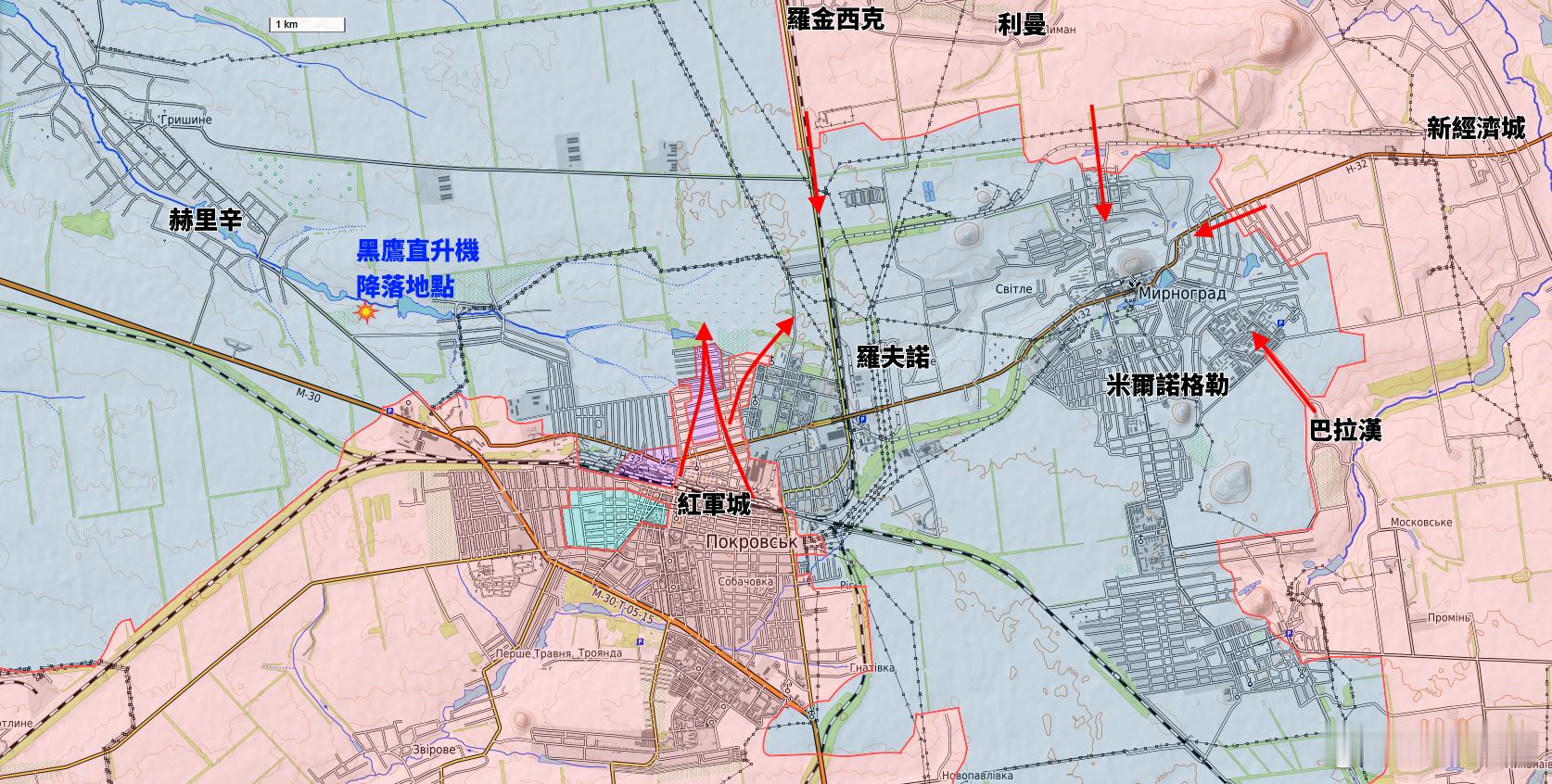 如圖所示，烏克蘭GUR特種部隊甚至連著陸區都無法突破，即使是衝出半公里的範圍。