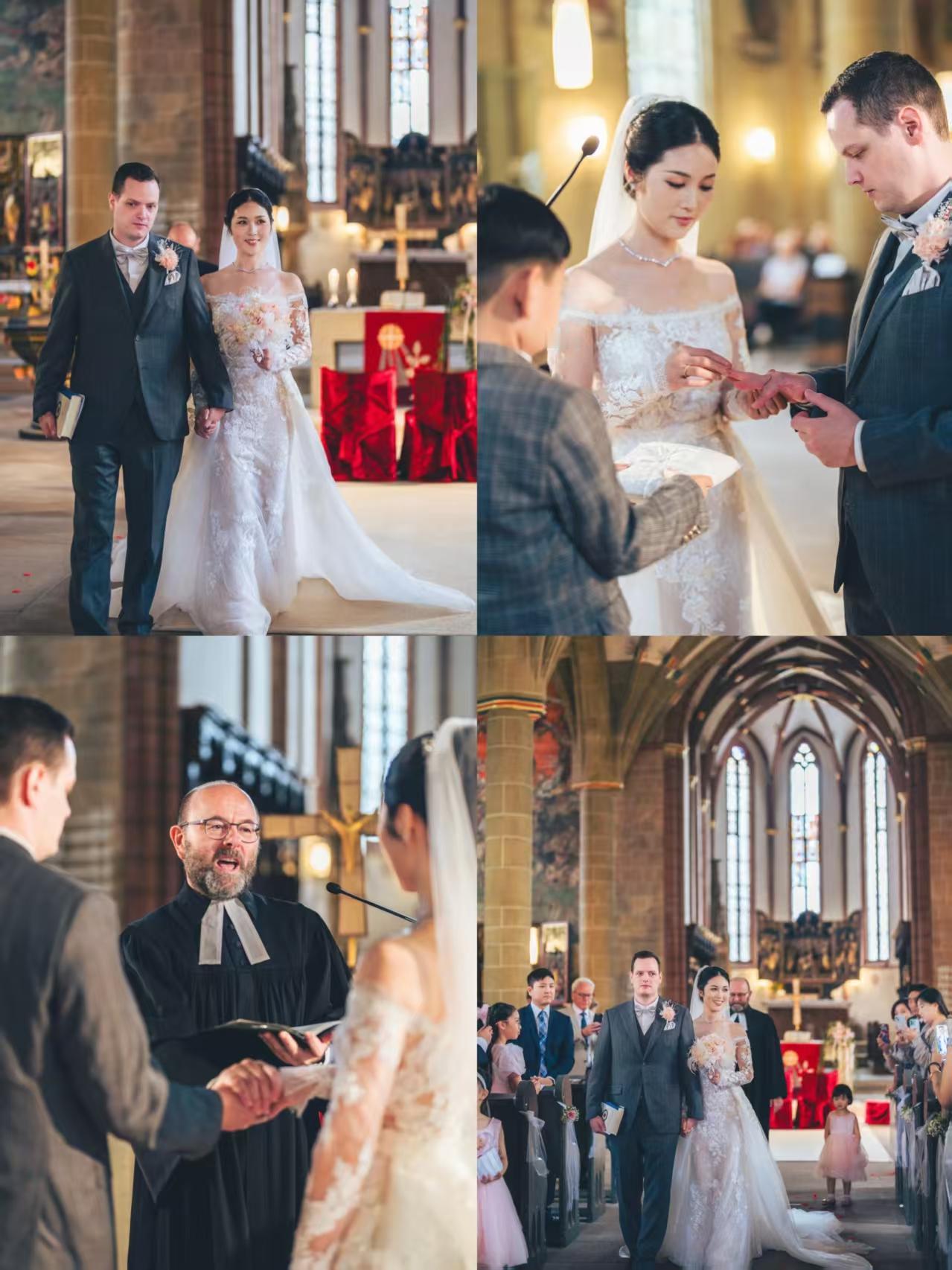 女生远嫁德国，给网友分享她的教堂婚礼。女生说在庄严安静的教堂里，每一个瞬间都格外