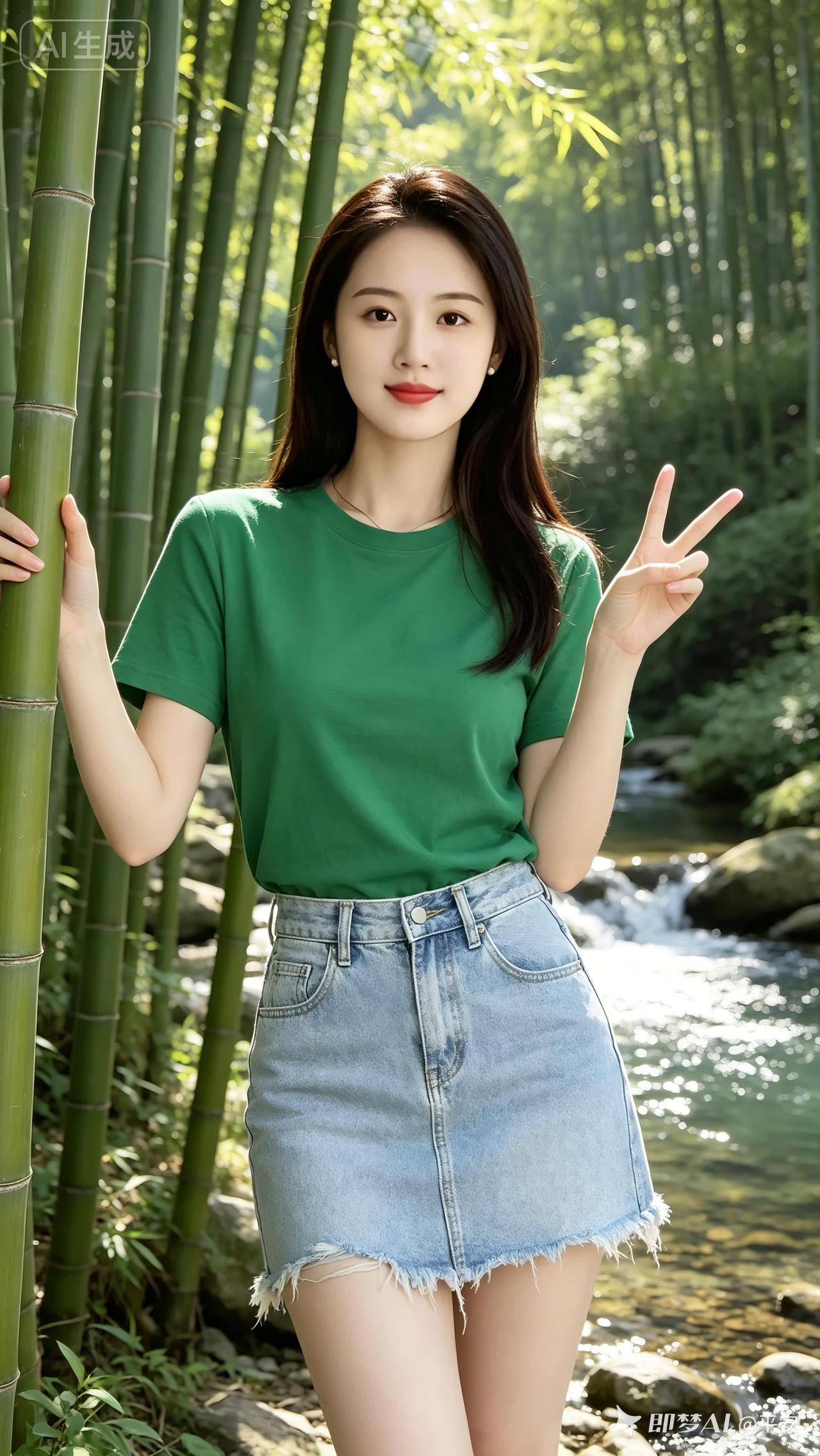 竹林中的清新少女，绿意盎然，和平手势，自然与时尚的完美结合。