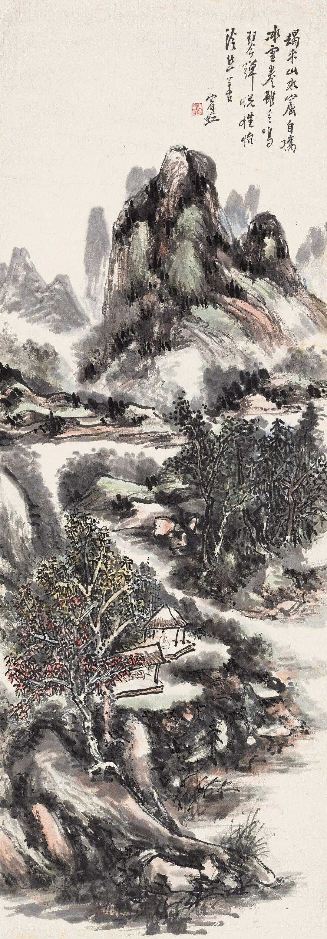 黄宾虹《春山怡然》，设色纸本124×49cm。此时黄宾虹已从早年“师造化”的