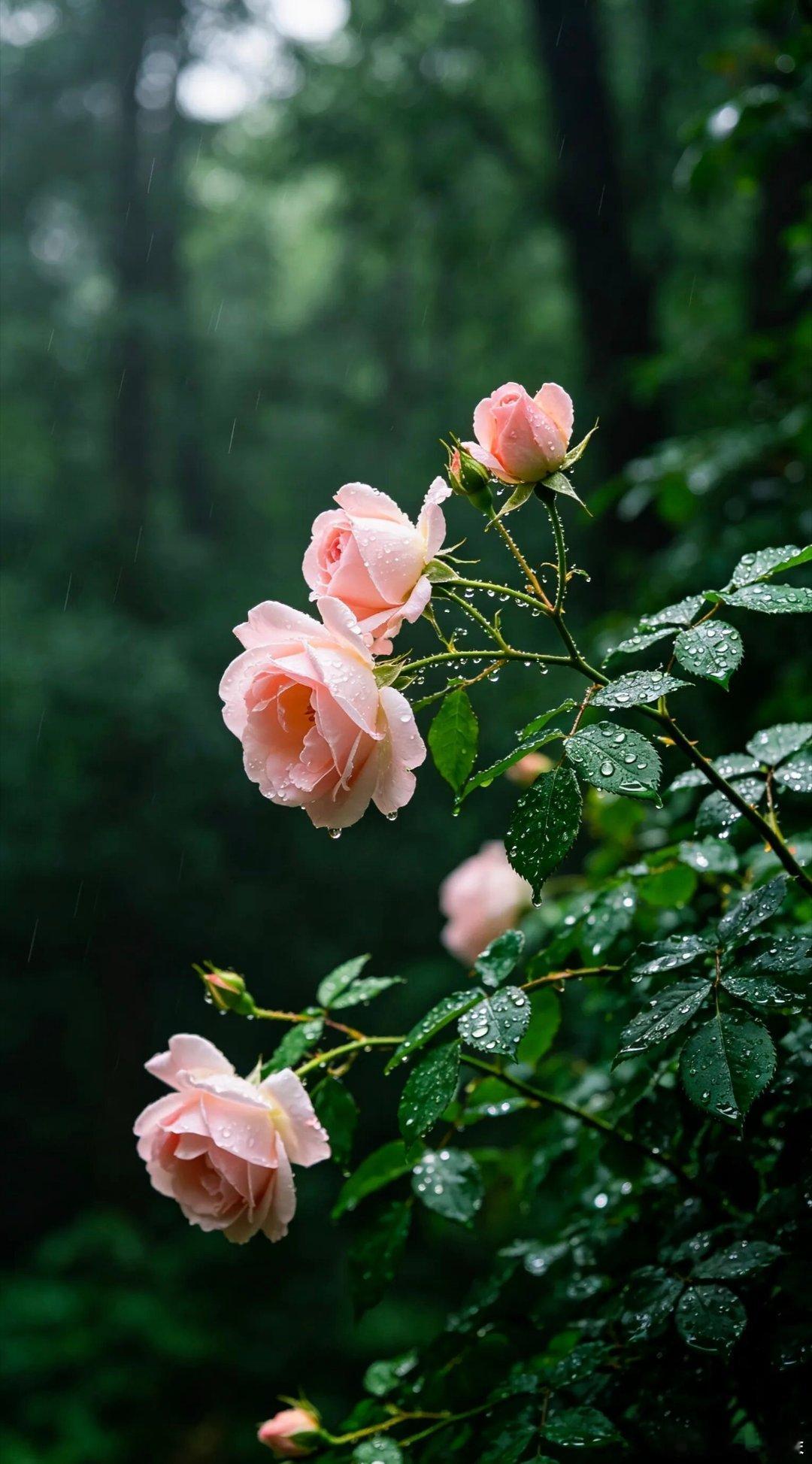 林间雨润粉色月季精美壁纸​​​