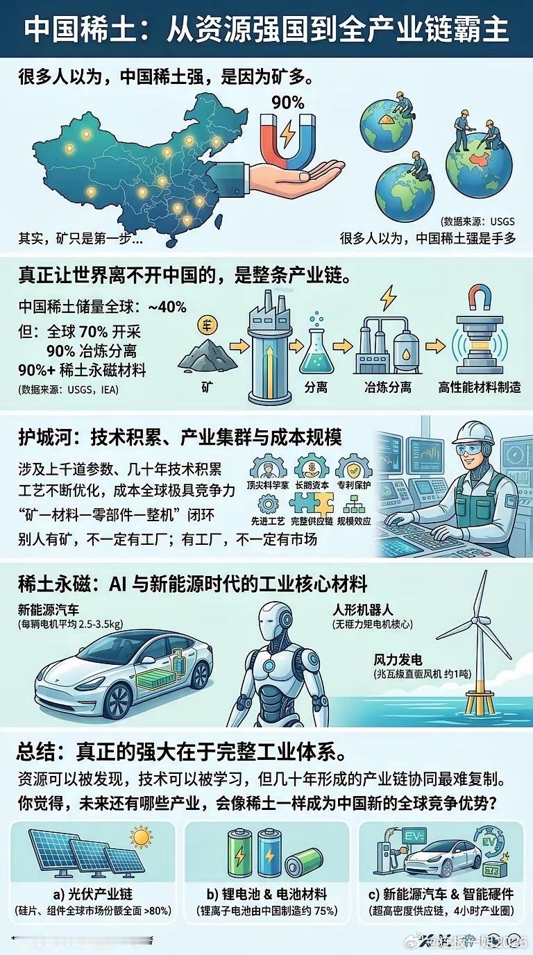 很多人以为，中国稀土强，是因为矿多。其实，矿只是第一步，真正让世界离不开中国的，