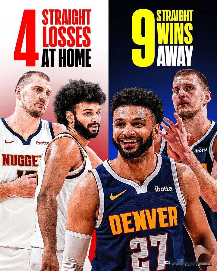 美媒说掘金本赛季打破常规，主场客场表现简直天差地别。主场成了他们的滑铁卢，近期遭