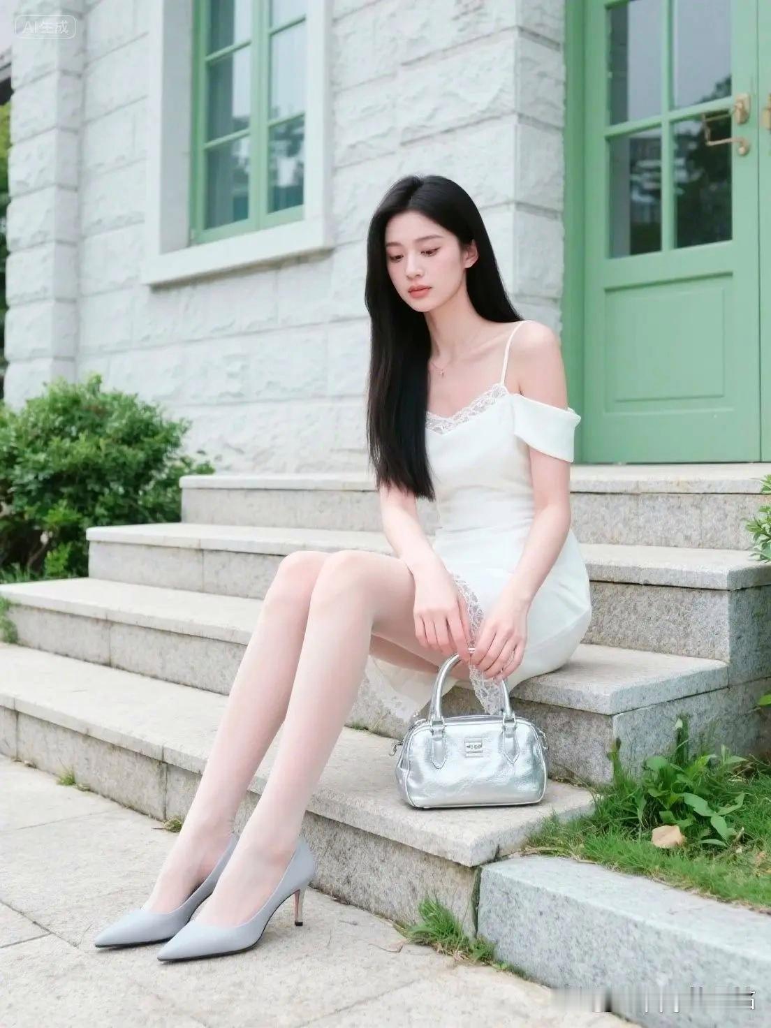 看到“优雅白裙少女，静坐绿门前，银包相伴，时尚气息满满”，脑海里瞬间浮现出刘浩存