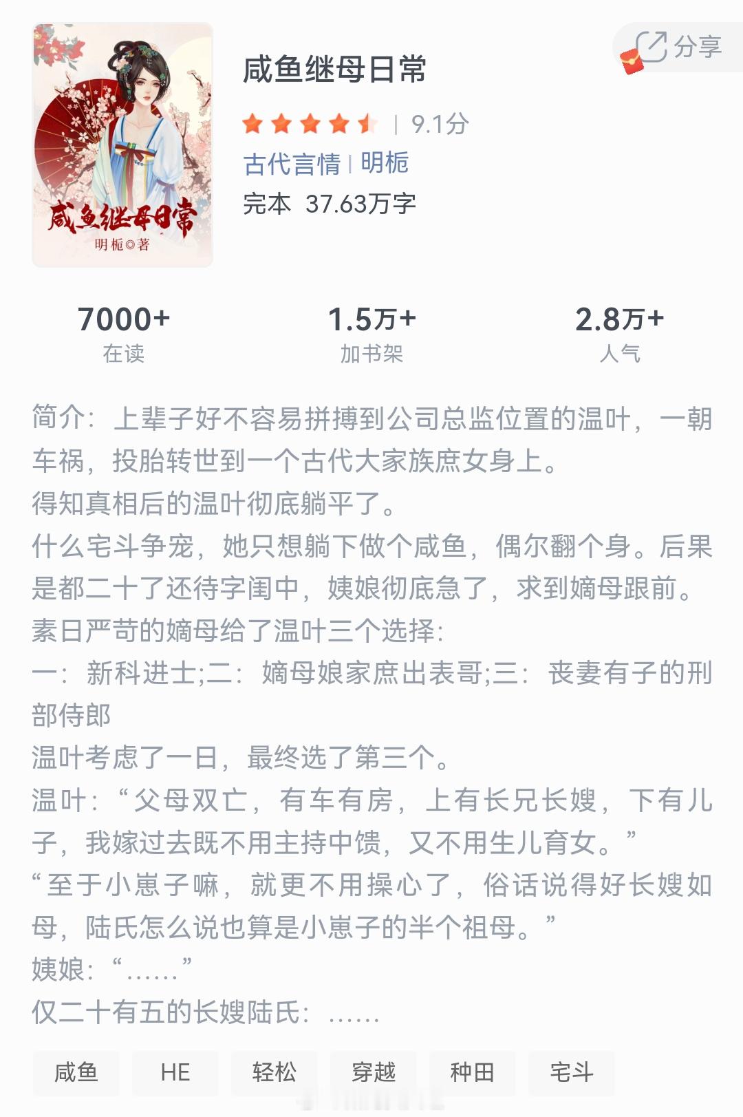 《咸鱼继母日常》作者：明栀上辈子好不容易拼搏到公司总监位置的温叶，一朝车祸，投胎