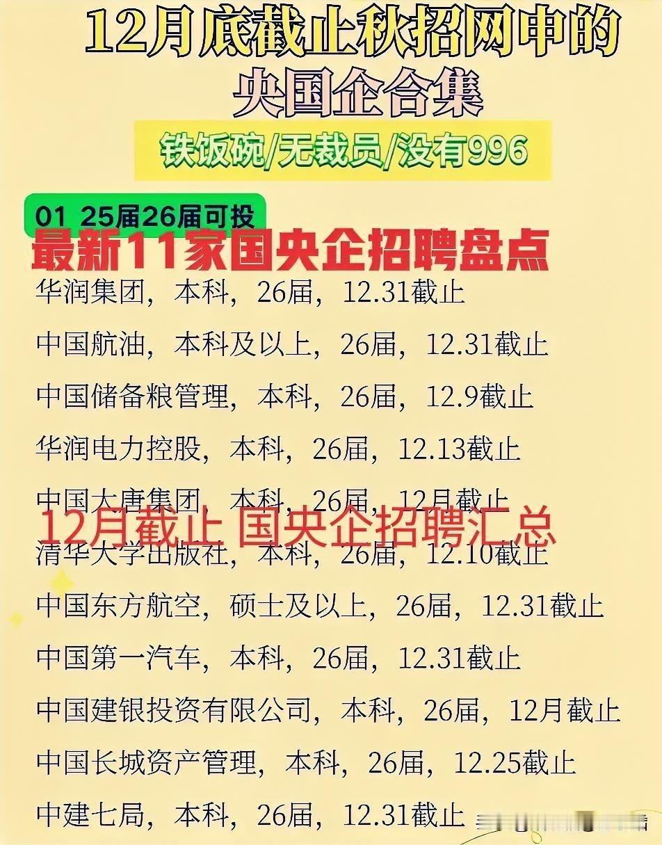 12月份截止！盘点最新11家国央企招聘汇总合集！一图概览，速速围观揭秘详细内容！