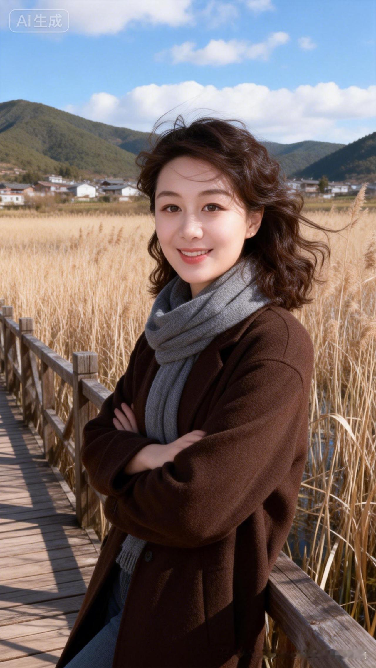 秋日暖阳下的田园风光，微笑的姑娘与自然融为一体。