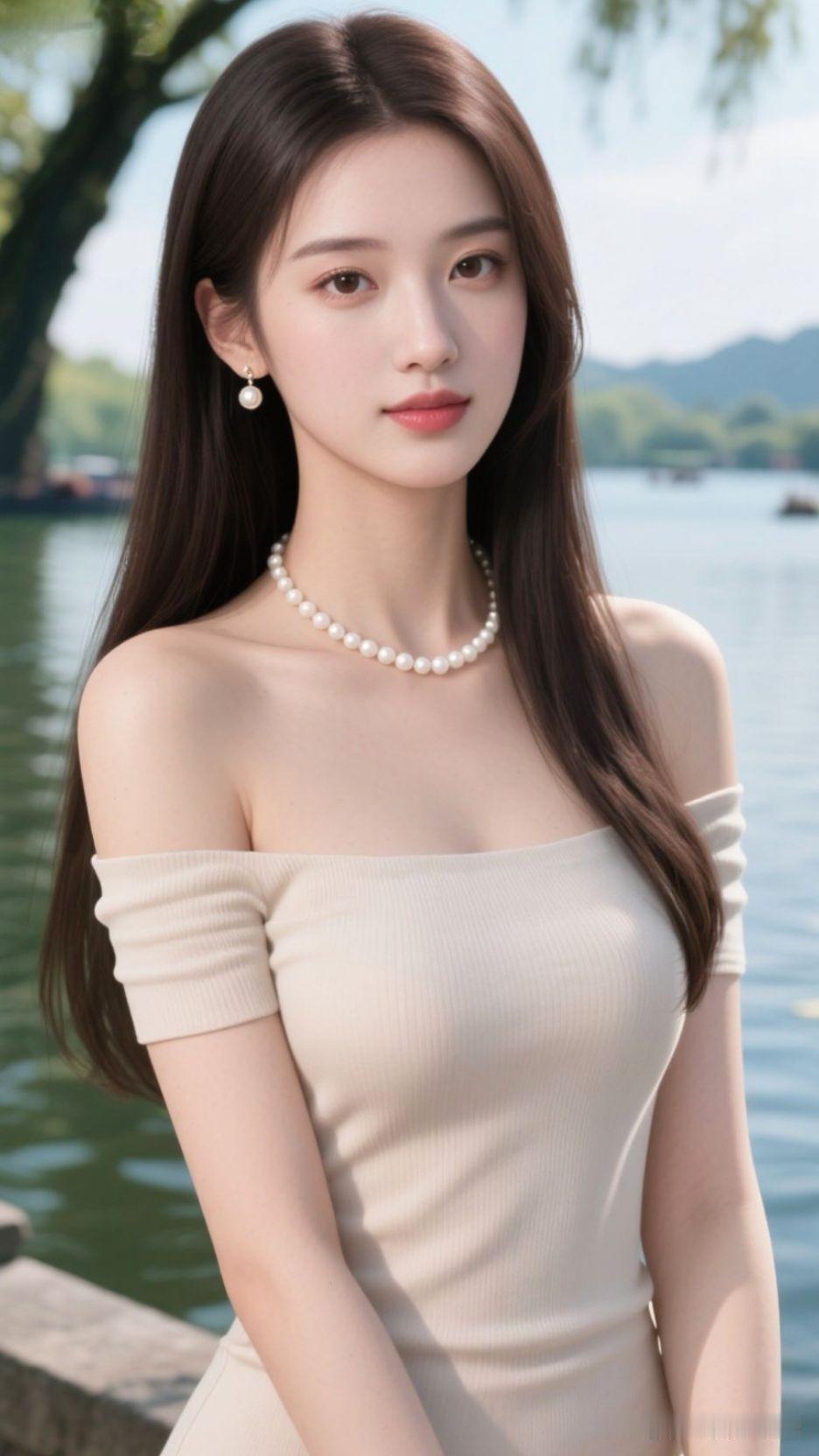 “湖畔美人倚，珠光映碧波”，这画面美得像幅画。想象那湖畔，一位佳人斜倚着，身姿曼