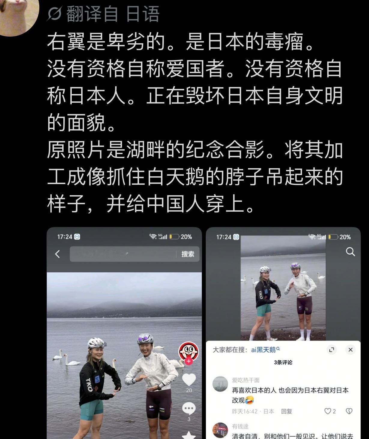 日本有良知的人终于站出来辟谣！这几天，日本网民造谣中国游客去日本抓天鹅拍照，在