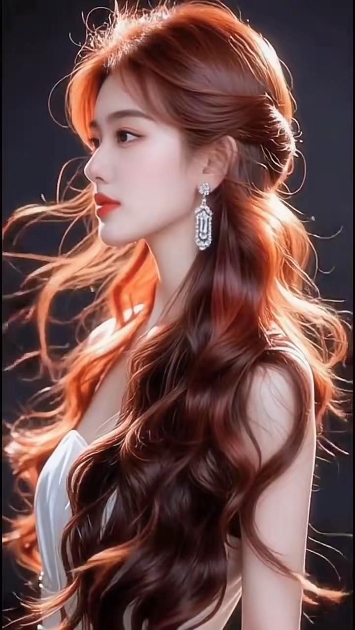 红发少女，优雅侧颜，闪耀耳环，梦幻光影