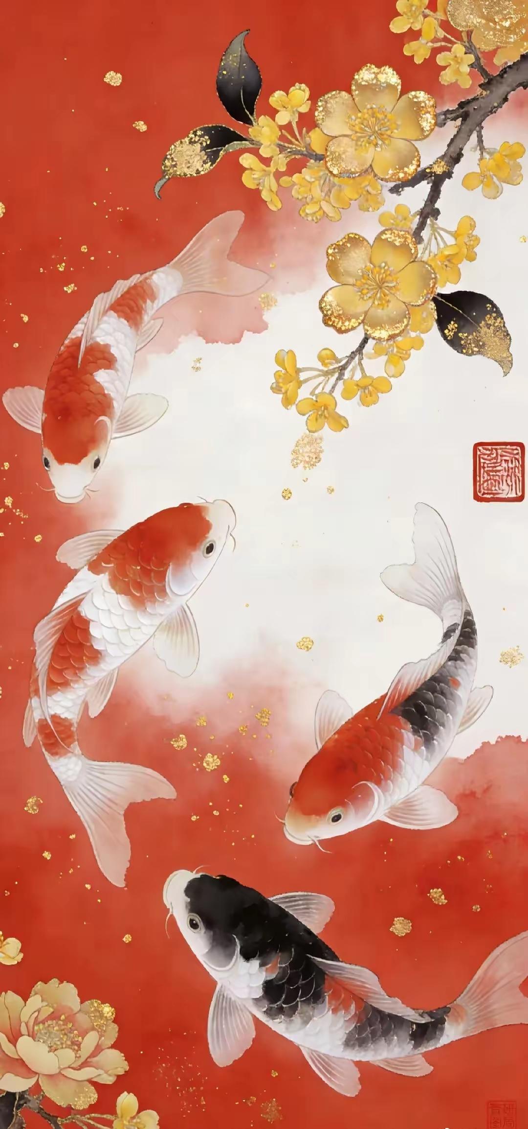 手机壁纸～锦鲤跃水，金桂飘香，红运当头。一池祥瑞，满幅吉光，愿往后岁岁年年，好