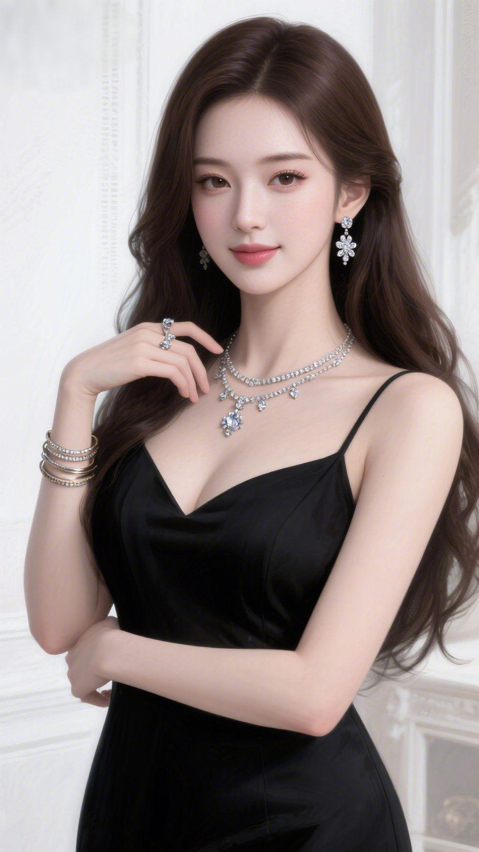 《黑裙裹清宁》她静立在素白空间里，缎面黑裙如晕开的墨色，顺着肩线垂落出妥帖