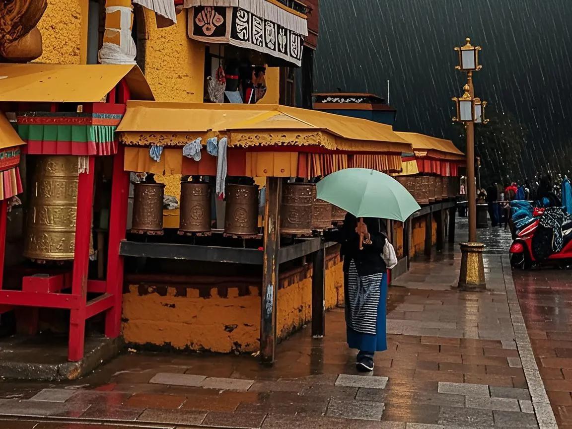 雨中漫步在寺庙的走廊上，感受宁静与祥和。