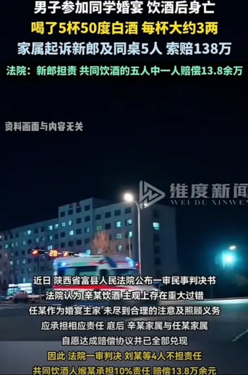 男子参加同学婚礼，同席宾客都是陌生人，男子畅饮一杯白酒后，邀请其他人共饮，只有一