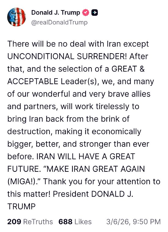 特朗普：除非投降 与伊朗不会达成协议
