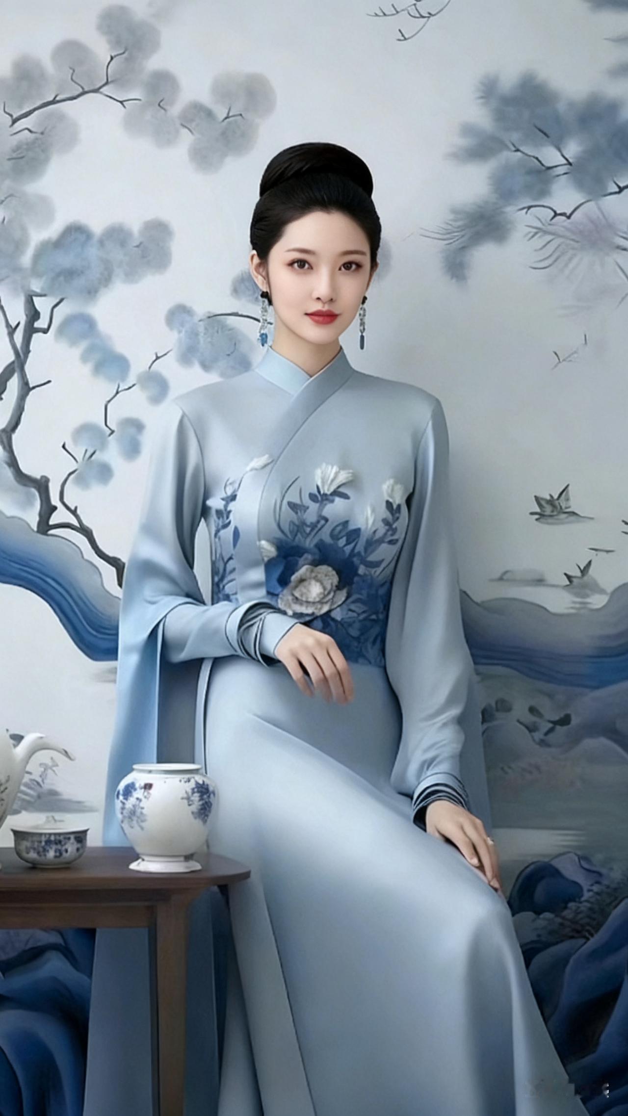 看到这优雅古风美人，身着蓝衣在花间静坐，瞬间就被这韵味击中。那花影在微风中摇曳，