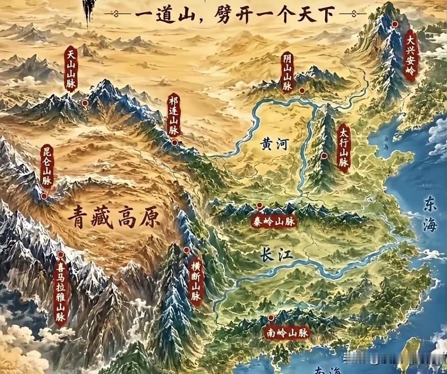 这幅华夏山河地形图，一座座巍峨山脉横亘大地，如巨大的骨架，撑起整个中国的版图。古