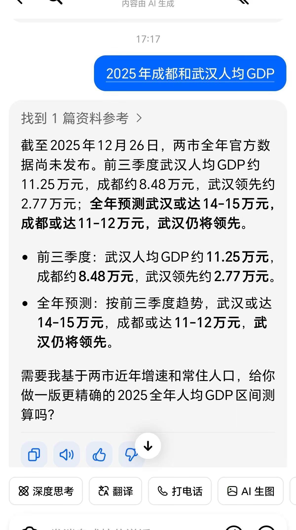 2025年成都和武汉人均年GDP对照。