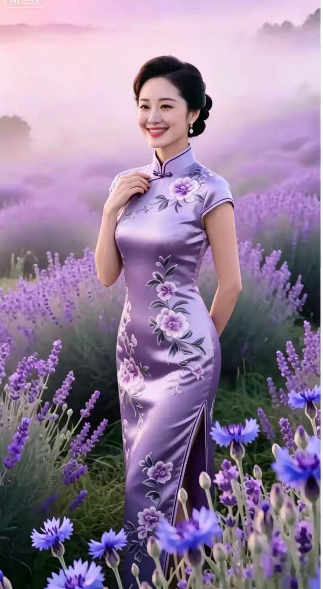 旗袍雅韵紫陌繁花映素裳，斜襟盘扣蕴韶光。千丝绣尽东方韵，一袭清芳载古香。