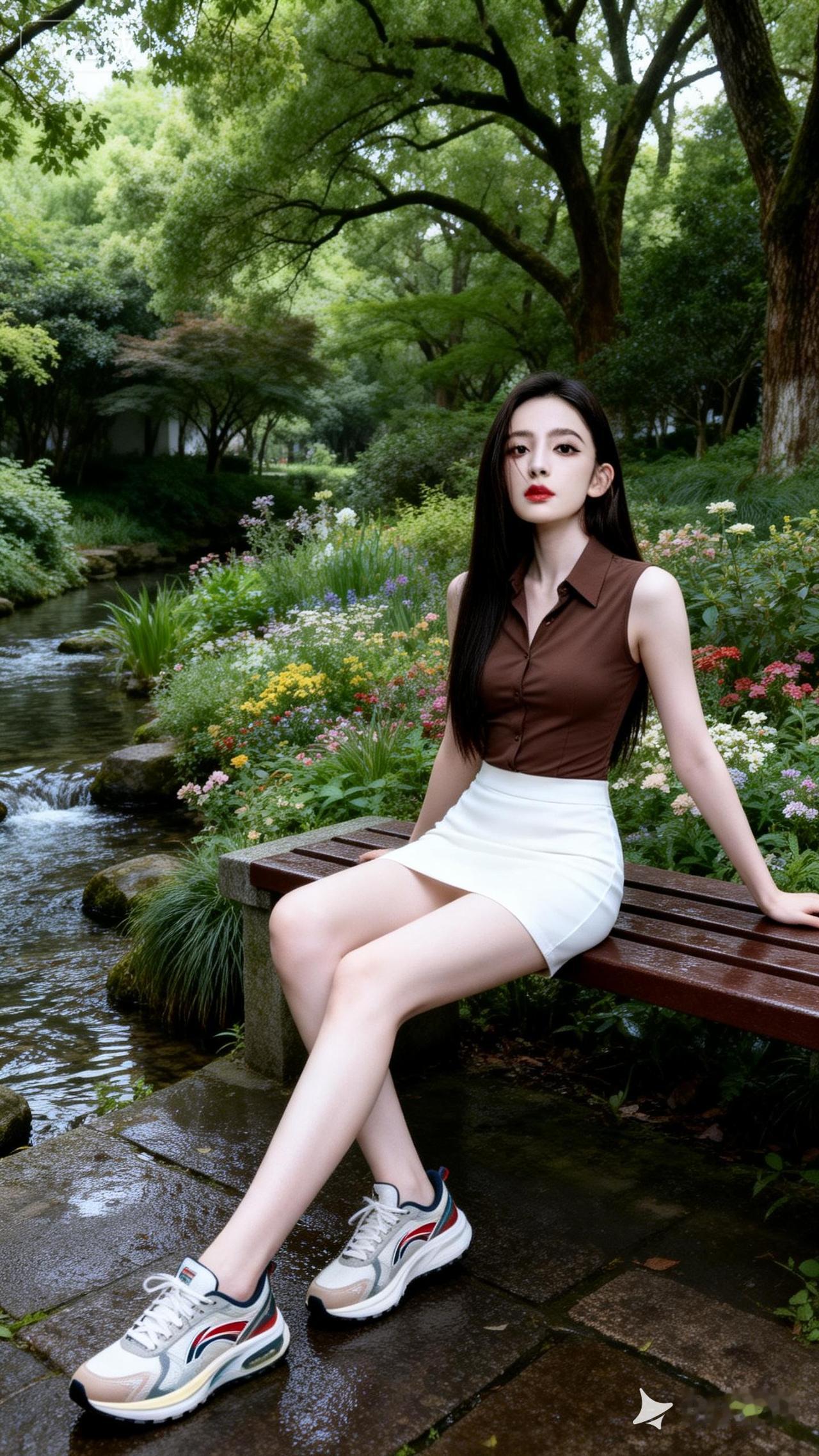 夏日清新穿搭，白色短裙搭配棕色上衣，坐在公园长椅上，享受自然风光。