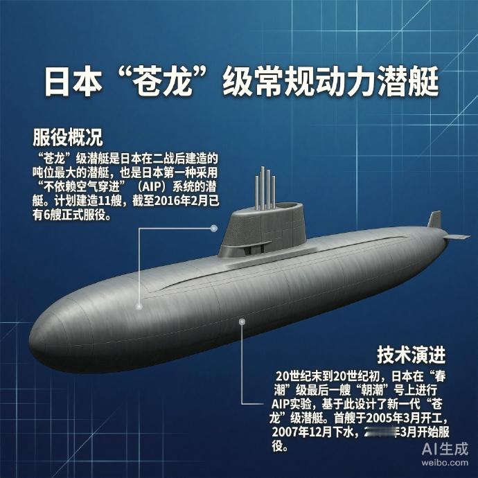 #军事ai新视野#日本“苍龙”级潜艇“苍龙”级潜艇是日本在21世纪初期设计建造的常规动力潜艇，计划建